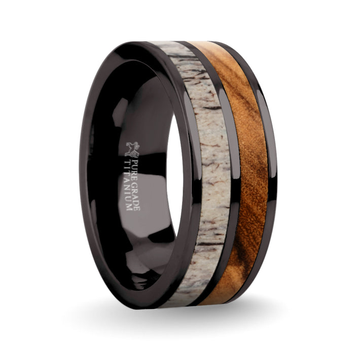 Olive Wood, Real Antler Inlay Gunmetal Gray Titanium Wedding Ring