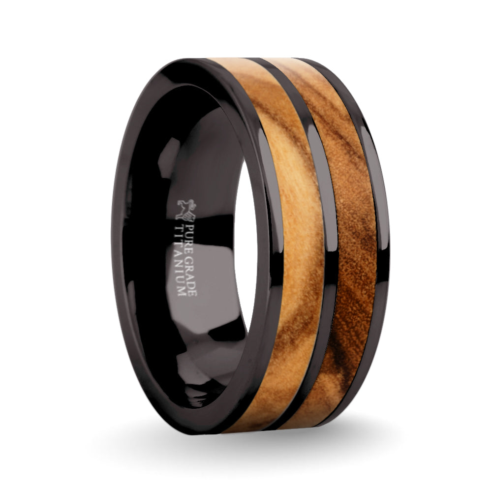 Genuine Olive Wood Twin Inlay Gunmetal Gray Titanium Wedding Ring