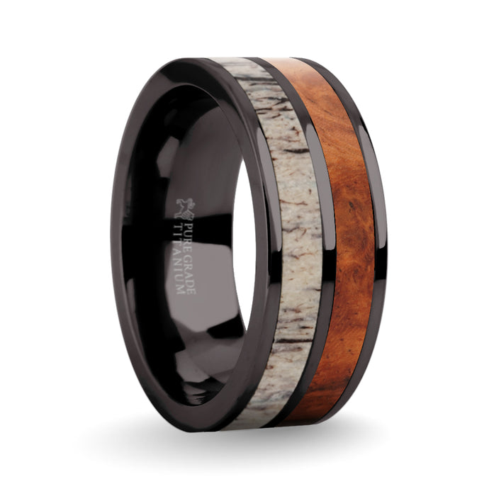 Rosewood Burl, Deer Antler Inlay Gunmetal Titanium Wedding Ring