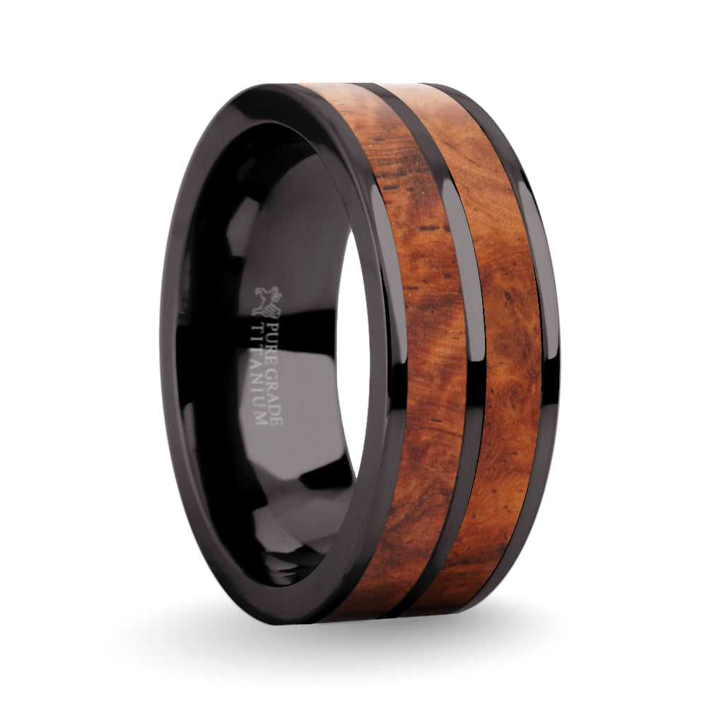 Elegant Rosewood Burl Wood Inlay Gunmetal Titanium Wedding Ring