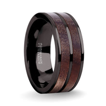 Load image into Gallery viewer, Exotic Dark Walnut Wood Twin Inlay Gunmetal Titanium Wedding Ring