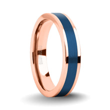 Load image into Gallery viewer, Brushed Blue Tungsten Carbide Inlay Rose Gold Titanium Wedding Ring