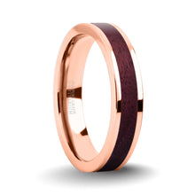 Load image into Gallery viewer, Deep Purpleheart Wood Inlay Rose Gold Titanium Wedding Ring