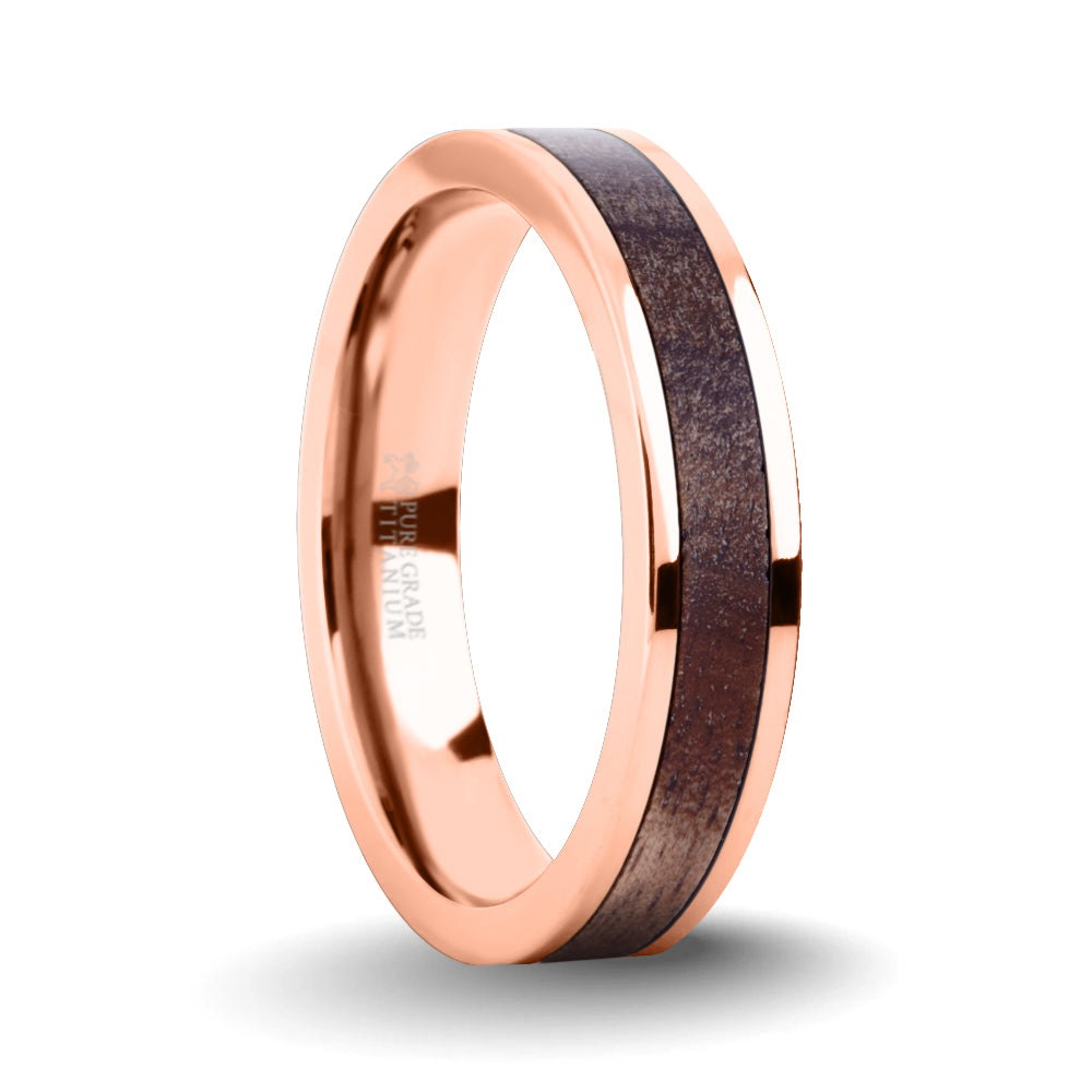 Exotic Dark Walnut Wood Inlay Rose Gold Titanium Wedding Ring