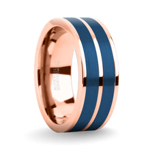 Load image into Gallery viewer, Brushed Blue Tungsten Carbide Inlay Rose Gold Titanium Wedding Ring