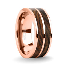 Load image into Gallery viewer, Black Grain Bocote Wood Inlay Rose Gold Titanium Wedding Ring