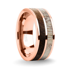 Load image into Gallery viewer, Koa Wood, Deer Antler Inlay Rose Gold Titanium Wedding Ring