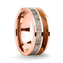 Load image into Gallery viewer, Olive Wood, Real Antler Inlay Rose Gold Titanium Wedding Ring