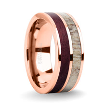 Load image into Gallery viewer, Purpleheart Wood, Antler Inlay Rose Gold Titanium Wedding Ring
