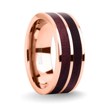 Load image into Gallery viewer, Deep Purpleheart Wood Inlay Rose Gold Titanium Wedding Ring