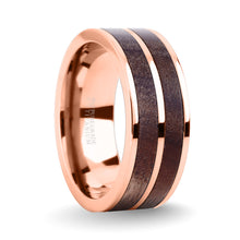 Load image into Gallery viewer, Exotic Dark Walnut Wood Inlay Rose Gold Titanium Wedding Ring