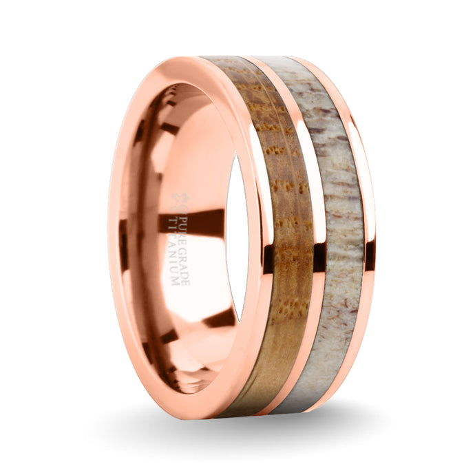 Whiskey Barrel Wood, Real Deer Antler Rose Gold Titanium Wedding Ring