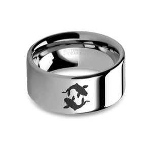 Japanese Koi Fish Laser Engraved Tungsten Wedding Ring, Polished