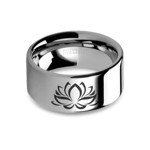 Lotus Flower Zen Laser Engraved Tungsten Wedding Ring, Polished