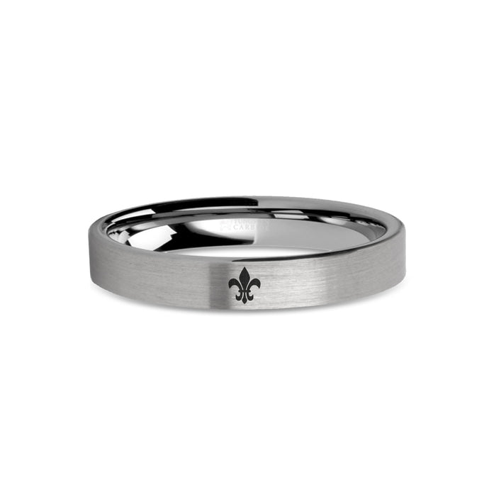 Fleur de Lis Symbol Laser Engraved Tungsten Wedding Ring, Brushed