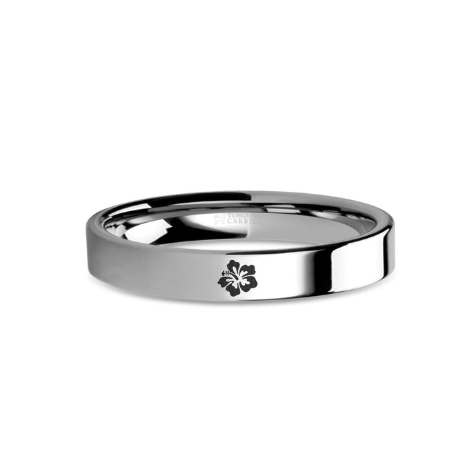 Hibiscus Flower Laser Engraved Tungsten Wedding Ring, Polished