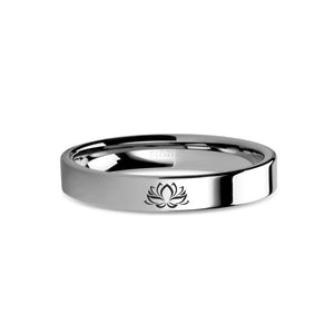 Lotus Flower Zen Laser Engraved Tungsten Wedding Ring, Polished