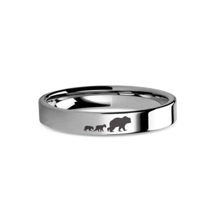 Mama Bear Cubs Laser Engraved Tungsten Wedding Band, Polished