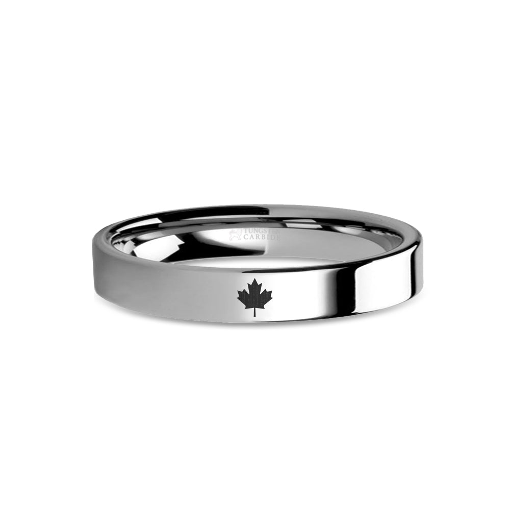 Canada Maple Leaf Laser Engraved Tungsten Wedding Ring, Polished