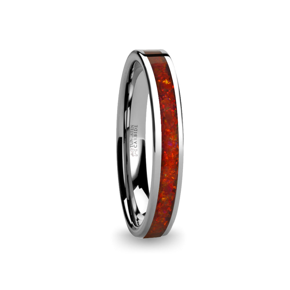 Deep Ruby Red Opal Inlay Silver Tungsten Wedding Carbide Ring