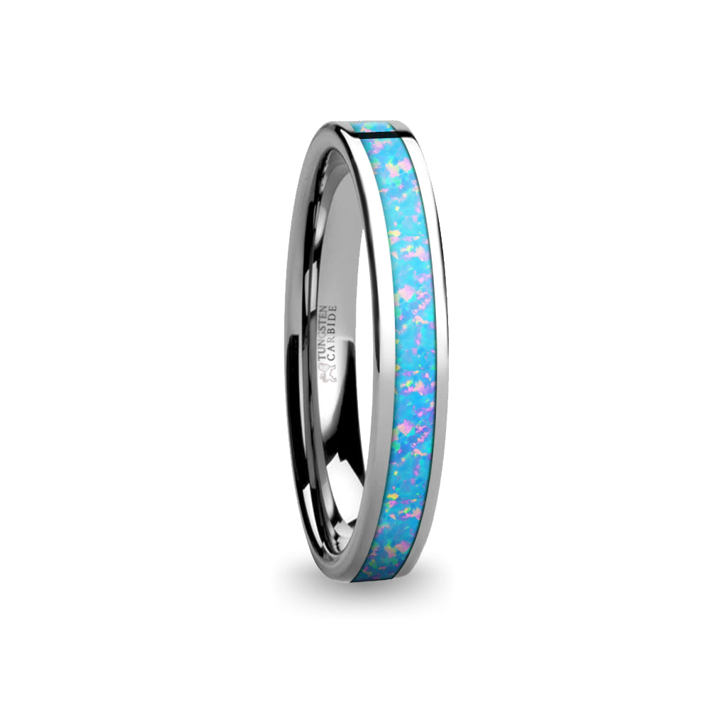 Aqua Blue Pink Flake Opal Inlay Tungsten Wedding Ring for Women