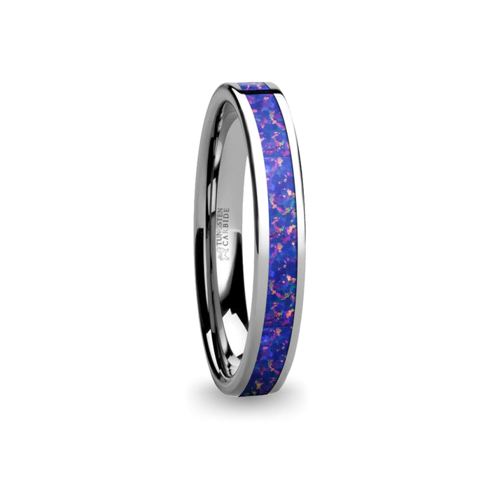 Deep Midnight Blue Opal Inlay Pink Flake Tungsten Wedding Ring