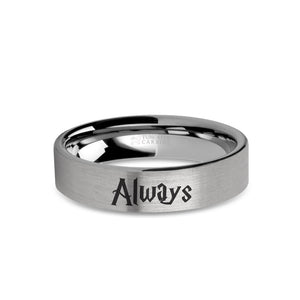 Wizard Font "Always" Engraved Tungsten Carbide Ring, Brushed