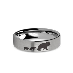Mama Bear Cubs Laser Engraved Tungsten Wedding Band, Brushed
