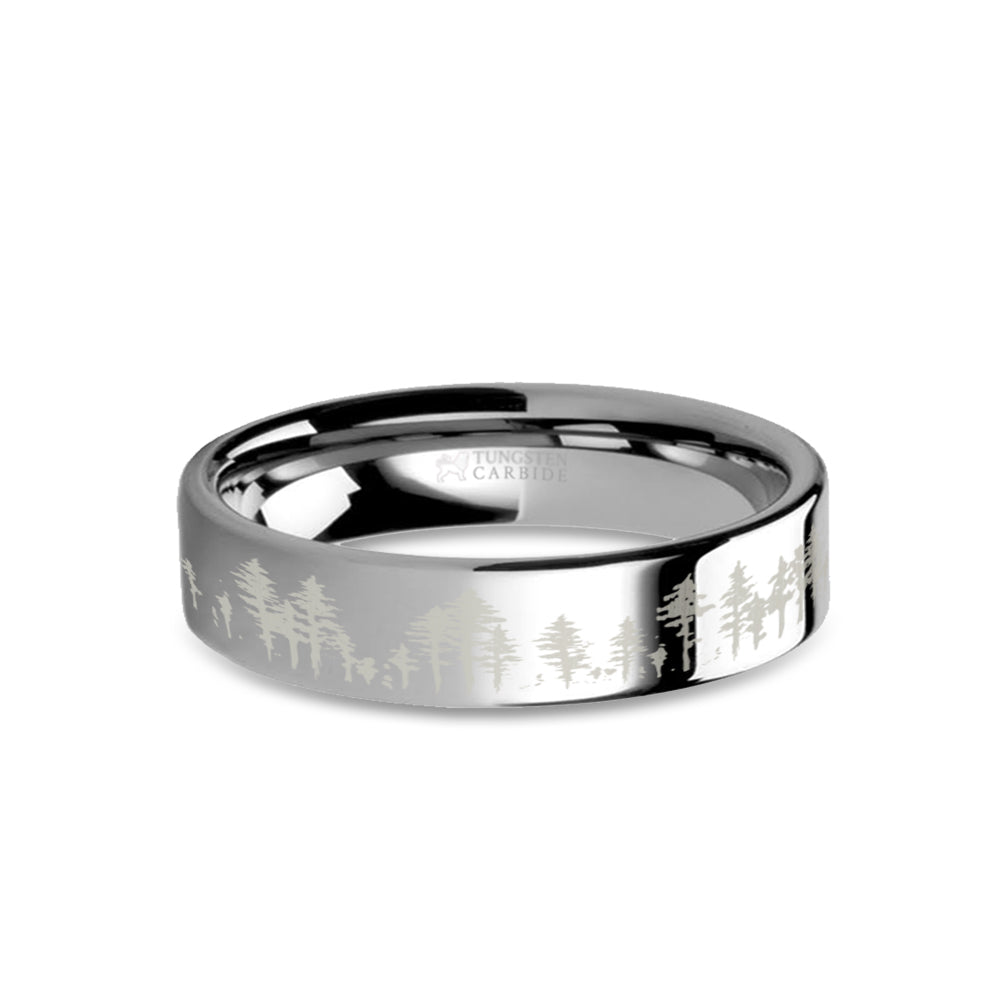 Forest Tree Line Landscape Laser Engraved Silver Tungsten Ring