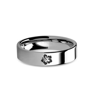 Hibiscus Flower Laser Engraved Tungsten Wedding Ring, Polished