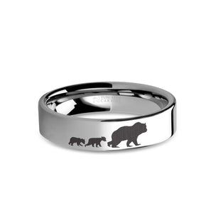 Mama Bear Cubs Laser Engraved Tungsten Wedding Band, Polished