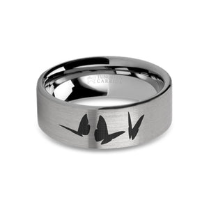 Butterflies Insect Laser Engraved Tungsten Wedding Ring, Brushed