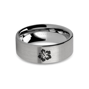 Hibiscus Flower Laser Engraved Tungsten Wedding Ring, Brushed
