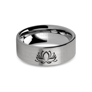 Lotus Flower Zen Laser Engraved Tungsten Wedding Ring, Brushed