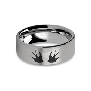 Swallows Birds Laser Engraved Tungsten Wedding Band, Brushed