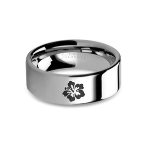 Hibiscus Flower Laser Engraved Tungsten Wedding Ring, Polished