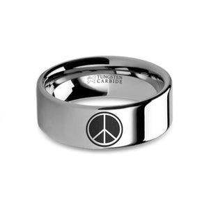 Peace Sign Laser Engraved Tungsten Carbide Wedding Ring