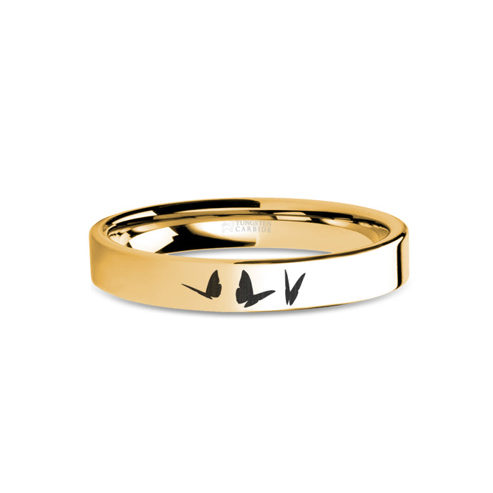 Butterflies Insect Engraved Yellow Gold Tungsten Ring, Polished