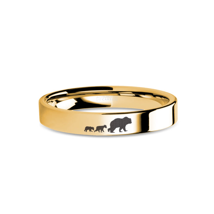 Mother Bear Cubs Engraved Yellow Gold Tungsten Band, Polished