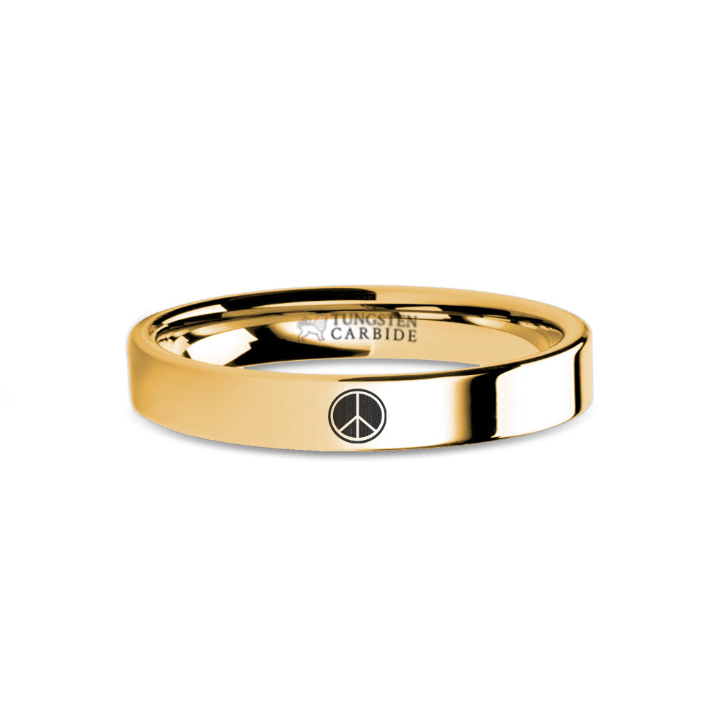 Peace Sign Symbol Laser Engraving Gold Tungsten Wedding Band