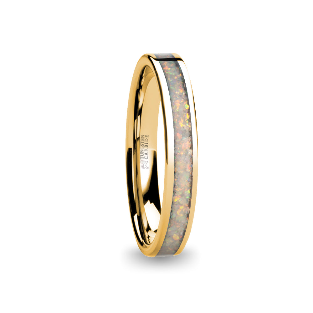Fire Ice White Opal Inlay Yellow Gold Tungsten Wedding Ring