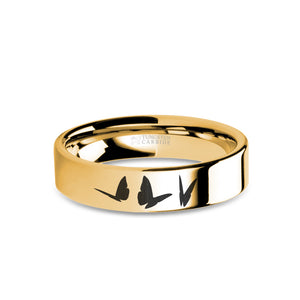 Butterflies Insect Engraved Yellow Gold Tungsten Ring, Polished