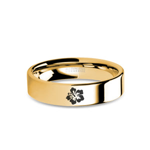 Hawaii Hibiscus Flower Yellow Gold Tungsten Ring, Polished