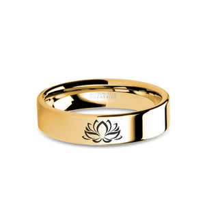 Lotus Flower Zen Engraved Yellow Gold Tungsten Ring, Polished