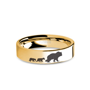 Mother Bear Cubs Engraved Yellow Gold Tungsten Band, Polished