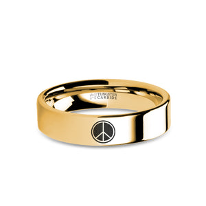 Peace Sign Symbol Laser Engraving Gold Tungsten Wedding Band