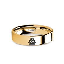 Load image into Gallery viewer, Viking Valknut Triquetra Triangle Engraving Gold Tungsten Ring