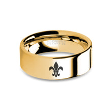 Load image into Gallery viewer, Fleur de Lis Symbol Laser Engraved Gold Tungsten Wedding Ring