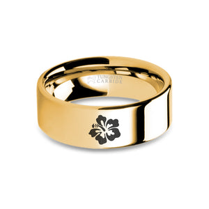 Hawaii Hibiscus Flower Yellow Gold Tungsten Ring, Polished