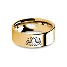 Load image into Gallery viewer, Lotus Flower Zen Engraved Yellow Gold Tungsten Ring, Polished